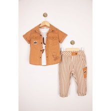 Kısa Kol Kot Gömlek Baskılı Tişört Çizgili Pantolon Kombinli Bayramlık Erkek Çocuk Takım