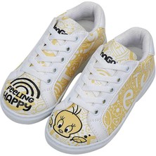 Çocuk Vegan Deri Beyaz Sneakers - Warner Bros Feeling-Happy Tasarım