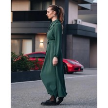 MecModest Kadın Çağla Yeşili Önü Düğmeli Kuşaklı Yakası Fırfırlı Jessica Ayrobin Elbise Şık