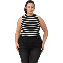 Disentis Modest Büyük Beden Kalın Çizgili Kısa Siyah Beyaz Body