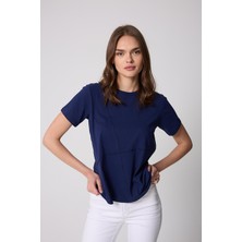 Kadın T-Shirt Lacivert Parçalı Dikiş Detaylı Regular Fit Basic - 2509