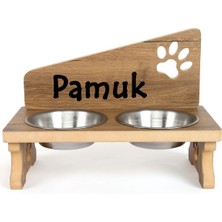 Özel Isim Baskılı Çelik Kaseli Ahşap Kedi Köpek Mama ve Su Kabı Standı Mdf 2X350 ml