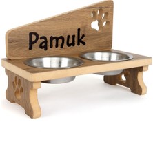 Özel Isim Baskılı Çelik Kaseli Ahşap Kedi Köpek Mama ve Su Kabı Standı Mdf 2X350 ml