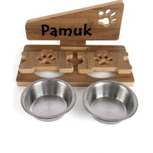 Özel Isim Baskılı Çelik Kaseli Ahşap Kedi Köpek Mama ve Su Kabı Standı Mdf 2X350 ml