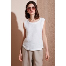 Via Dante Regular Fit Yuvarlak Yaka Oval Kesim Keten Top Bayan Top 6251714