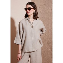 Via Dante Regular Fit Truvakar Kol Düğme Detaylı Keten Gömlek Bayan Gömlek 6617687