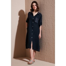 Via Dante Regular Fit Truvakar Kol Midi Keten Elbise Bayan Elbise 6689194