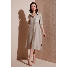 Via Dante Regular Fit Truvakar Kol Midi Keten Elbise Bayan Elbise 6689687