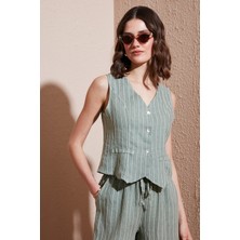 Via Dante Çizgili Regular Fit V Yaka Keten Yelek Bayan Yelek 6333544