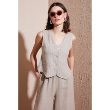Via Dante Çizgili Regular Fit V Yaka Keten Yelek Bayan Yelek 6333687