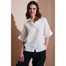 Via Dante Regular Fit Düz Yaka Kısa Kollu Keten Gömlek Bayan Gömlek 5028714