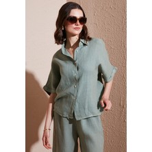 Via Dante Regular Fit Düz Yaka Kısa Kollu Keten Gömlek Bayan Gömlek 5028544