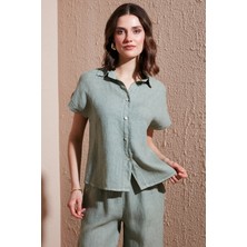 Via Dante Çizgili Regular Fit Düz Yaka Kısa Kollu Keten Gömlek Bayan Gömlek 6140RN544