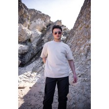 Erkek Bej Renk Oversize Baskısız Basic Tişört