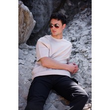 Erkek Bej Renk Oversize Baskısız Basic Tişört
