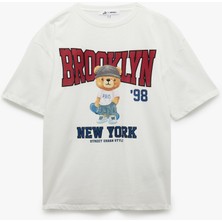 Koton Kısa Kollu Bisiklet Yaka Pamuklu Ayıcık Baskılı Oversize Tişört