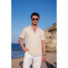 Pobudo Erkek Bej Renk Örme Kilim Desen Kısa Kol Gömlek