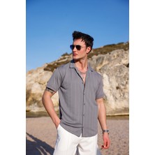 Pobudo Erkek Antrasit Renk Örme Kilim Desen Kısa Kol Gömlek