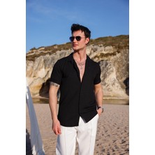 Pobudo Erkek Siyah Renk Burgu Desen Kısa Kol Gömlek