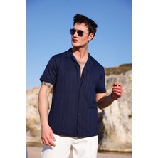 Pobudo Erkek Lacivert Renk Örme Kilim Desen Kısa Kol Gömlek