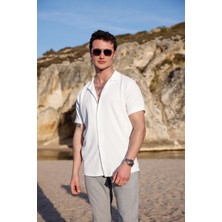 Pobudo Erkek Beyaz Renk Burgu Desen Kısa Kol Gömlek