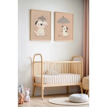 Artiera Şemsiyeli Sevimli Köğekler - Doğal Ahşap Çerçeveli Çocuk Odası ve Bebek Odası Tablosu