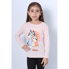 Kız Çocuk Uzun Kol Tshirt Bluey Ile Bingo Baskılı Bisiklet Yaka D46