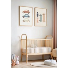 Artiera Klasik Arabalar ve Kaykay - Doğal Ahşap Çerçeveli Çocuk Odası ve Bebek Odası Tablosu
