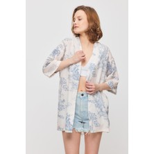 Rays 4441A Çiçekli Kısa Kol Kimono Mavi
