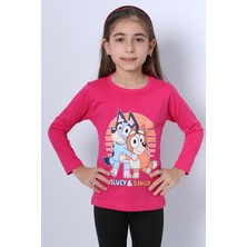 Kız Çocuk Uzun Kol Tshirt Bluey Ile Bingo Baskılı Bisiklet Yaka D46