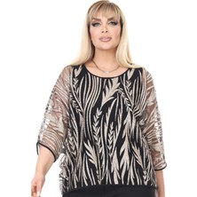 Ladies First Büyük Beden Kadın Siyah-Altın Bluz - Bady İkili Takım Yarasakol Pul İşlemeli Tasarım