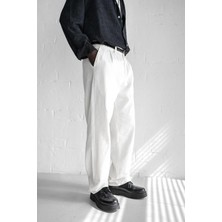 Erkek Beli Lastikli Desenli Baggy Pantolon Beyaz