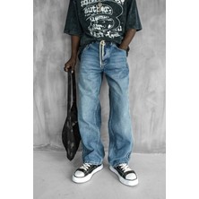 Erkek Bağcıklı Şerit Detaylı Baggy Jean Mavi