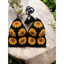 El Örgüsü Ayçiçeği Motifli Crop Büstiyer, Bikini Üstü ,handmade Bluz