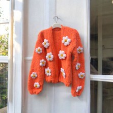 El Örgüsü Turuncu Papatya Desenli Moher Hırka