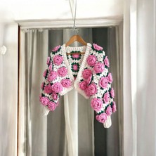 Gül Motifli Crop Tığ Işi Crochet El Örgüsü Hırka