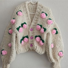 Gül Detayli El Örgüsü  Kadın Hırka, Çiçekli Hırka,trend Hırka