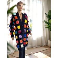 Gül Motifli Uzun Kadın Hırka Tığ Işi Crochet El Örgüsü Hırka