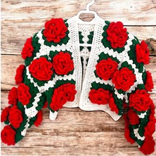 Gül Motifli Crop Tığ Işi Crochet El Örgüsü Hırka