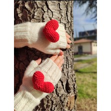 El Örgüsü Parmaksiz Kalp Detaylı Kadın Eldiven, Sevgililer Günü