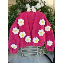 El Örgüsü Pembe Papatya Desenli Moher Hırka