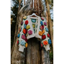 Gül Motifli Crop Tığ Işi Crochet El Örgüsü Hırka