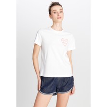 %100 Pamuk Regular Fit Normal Kesim Bisiklet Yaka Grafik Baskılı Ekru Tişört