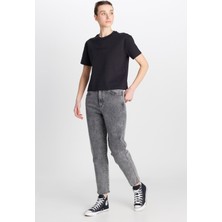 Mom Fit Yüksek Bel Dar Paça Açık Gri Pamuklu Esnek Jean Denim Pantolon