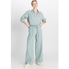 %100 Pamuk Regular Fit Normal Kesim Yüksek Bel Geniş Paça Müslin Desenli Yeşil Pantolon