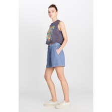 Relaxed Fit Geniş Kesim Yumuşak Dokulu Koyu Mavi Şort