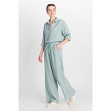 %100 Pamuk Regular Fit Normal Kesim Yüksek Bel Geniş Paça Müslin Desenli Yeşil Pantolon