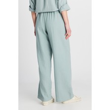 %100 Pamuk Regular Fit Normal Kesim Yüksek Bel Geniş Paça Müslin Desenli Yeşil Pantolon