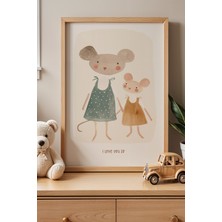 Artiera Anne ve Çocuk Fare Sevgisi - Doğal Ahşap Çerçeveli Çocuk ve Bebek Odası Tablosu