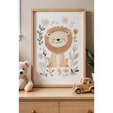 Artiera Gülümseyen Orman Aslanı – Doğal Ahşap Çerçeveli Çocuk Odası Tablosu